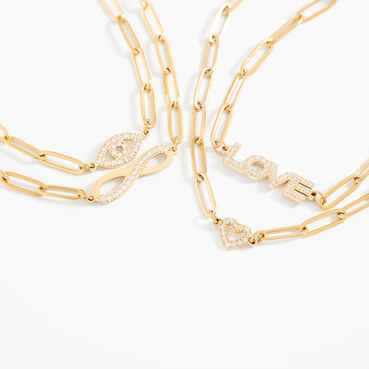 18K Gold PVD Stainless Steel Stone "Infinity" Paperclip Chain Bracelet / BRJ1007