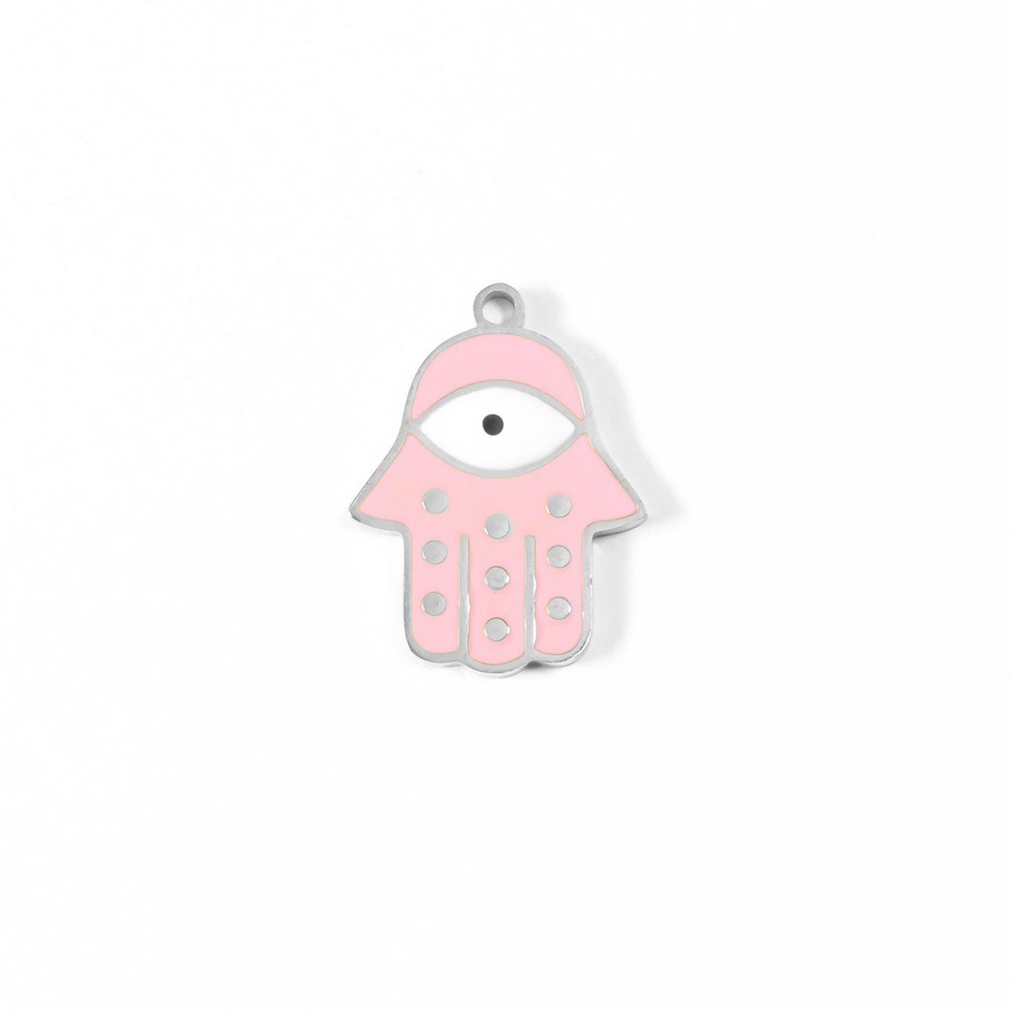 18K Gold PVD Stainless Steel Epoxy Pink Hamsa Hand Evil Eye Charm / PDL0011
