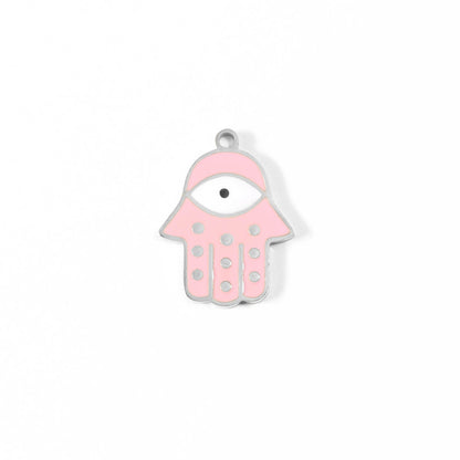 18K Gold PVD Stainless Steel Epoxy Pink Hamsa Hand Evil Eye Charm / PDL0011