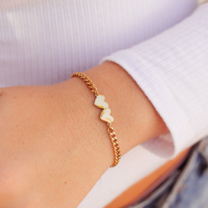 18K Gold PVD Stainless Steel Engravable 2 Hearts on Curb Chain Bracelet / SBB0366