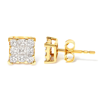 Ohrringe aus 14 Karat Gold mit 1/2 Karat Diamant, 9 Steine, quadratisch.