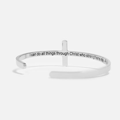 18K Gold PVD Stainless Steel Philippians 4:13 Cross Cuff Bracelet / BRJ1002