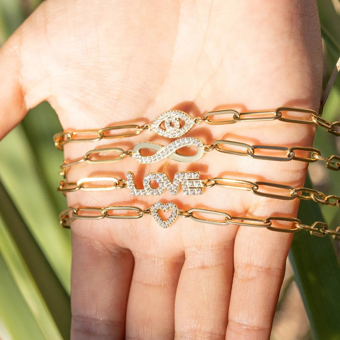 18K Gold PVD Stainless Steel Stone "Heart" Paperclip Chain Bracelet / BRJ1006