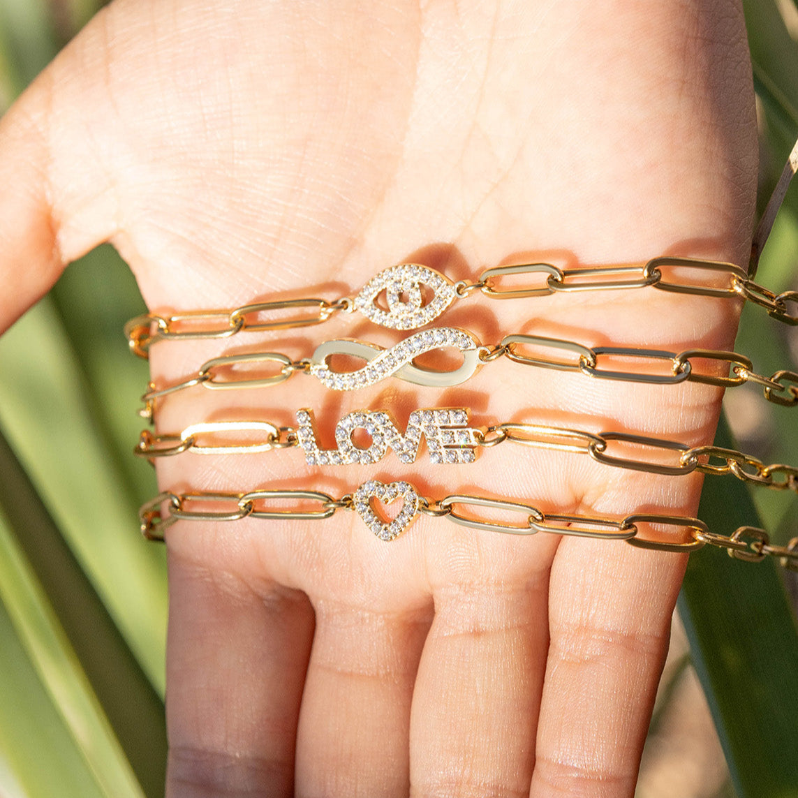 18K Gold PVD Stainless Steel Stone "Love" Paperclip Chain Necklace / CHN9974