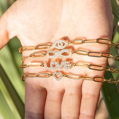 18K Gold PVD Stainless Steel Stone "Love" Paperclip Chain Necklace / CHN9974