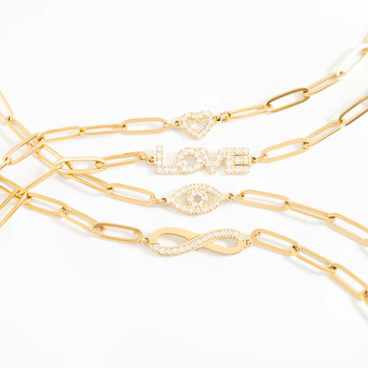 18K Gold PVD Stainless Steel Stone "Heart" Paperclip Chain Bracelet / BRJ1006