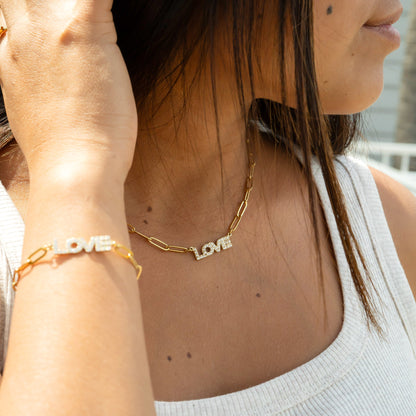 18K Gold PVD Stainless Steel CZ "Love" Paperclip Chain Bracelet / BRJ1004