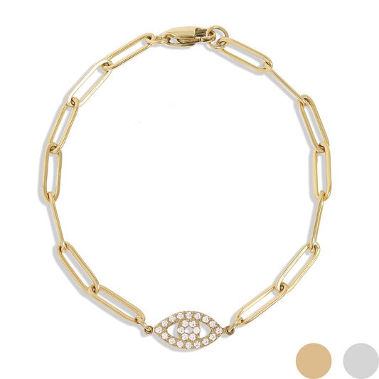 18K Gold PVD Stainless Steel Stone "Evil Eye" Paperclip Chain Bracelet / BRJ1005