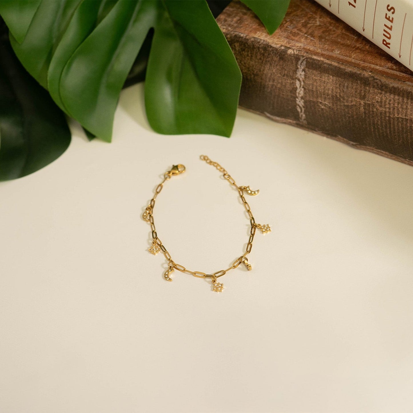 18K Gold PVD Stainless Steel Moon & Star Charm Bracelet / BRJ1009