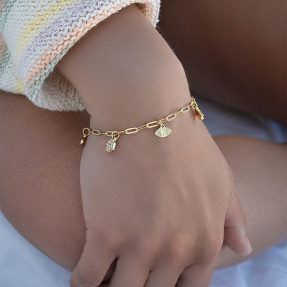 18K Gold PVD Hamsa & Evil Eye Paperclip Chain Charm Bracelet / BRJ1010