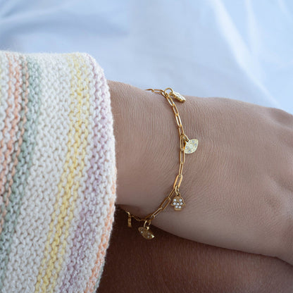 18K Gold PVD Hamsa & Evil Eye Paperclip Chain Charm Bracelet / BRJ1010