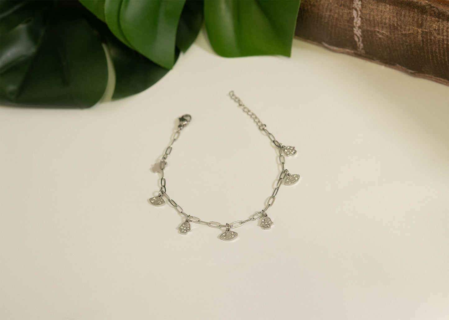 18K Gold PVD Hamsa & Evil Eye Paperclip Chain Charm Bracelet / BRJ1010