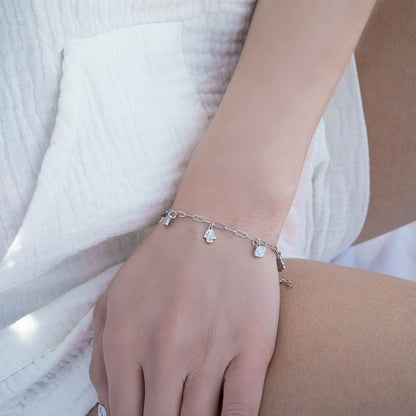 18K Gold PVD Hamsa & Evil Eye Paperclip Chain Charm Bracelet / BRJ1010