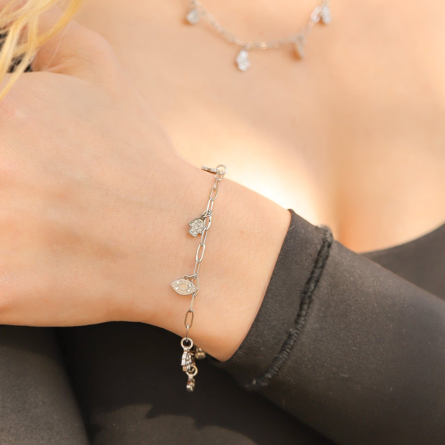 18K Gold PVD Hamsa & Evil Eye Paperclip Chain Charm Bracelet / BRJ1010