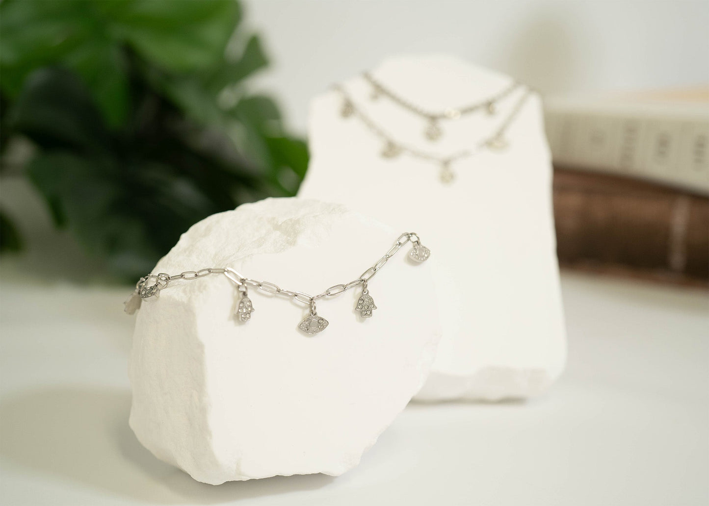 18K Gold PVD Hamsa & Evil Eye Paperclip Chain Charm Bracelet / BRJ1010