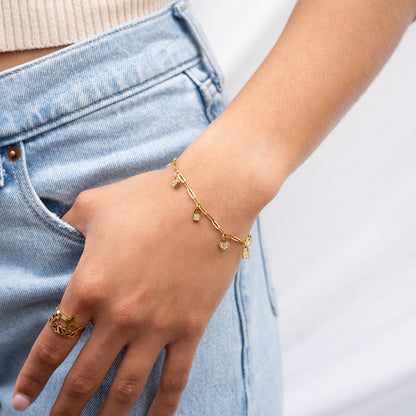 18K Gold PVD Stainless Steel Heart & Lock Charm Bracelet / BRJ1011