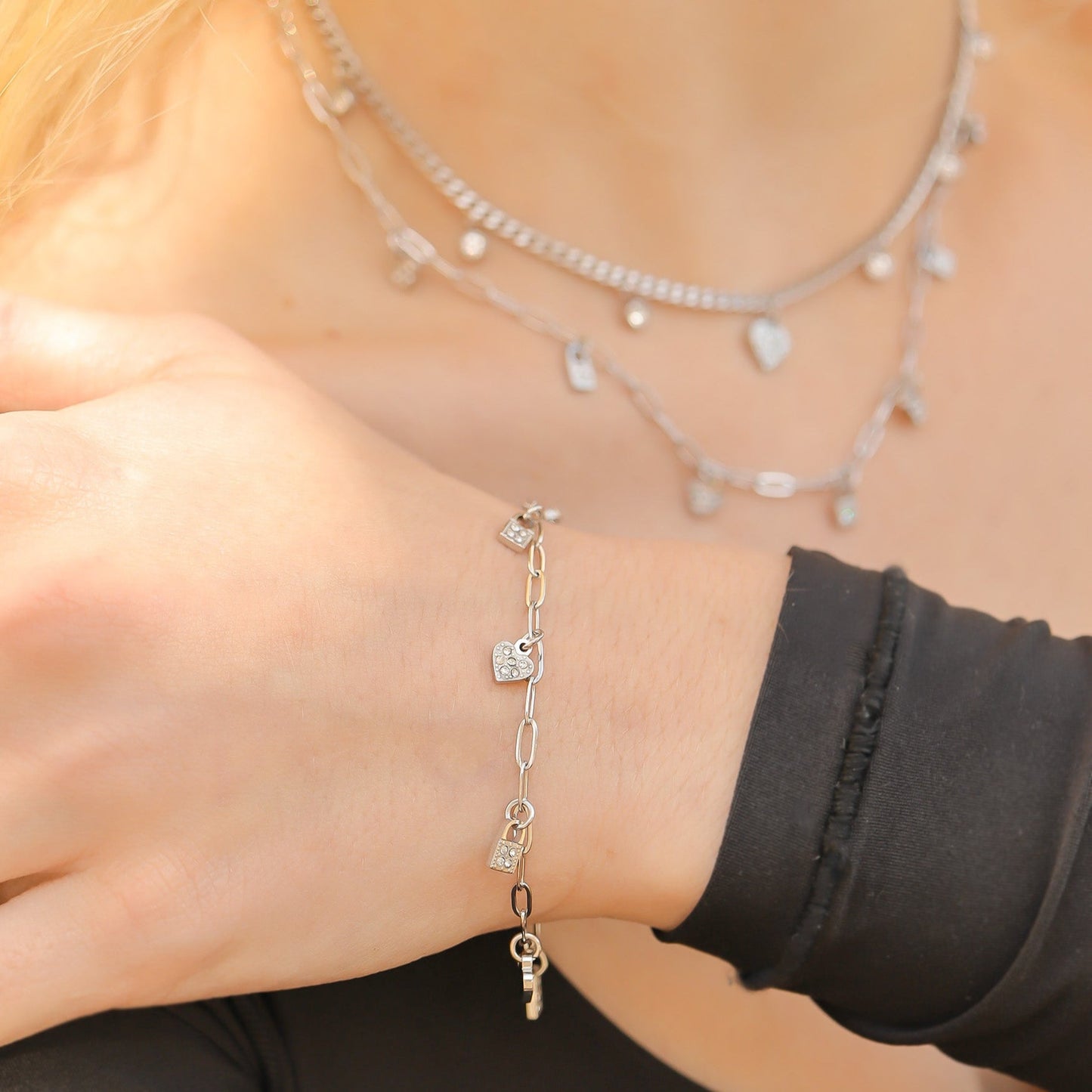 18K Gold PVD Stainless Steel Heart & Lock Charm Bracelet / BRJ1011