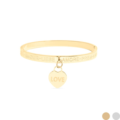18K Gold PVD Stainless Steel Love Languages Heart Charm Bangle / BRJ1013