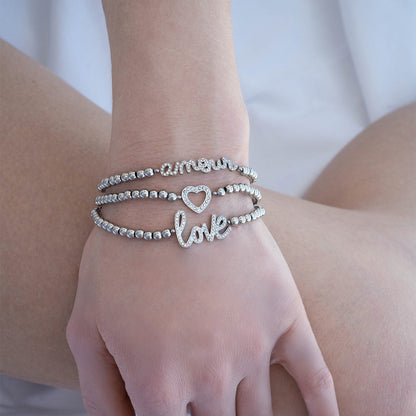 18K Gold PVD Stainless Steel Stone Heart Metal Beaded Stretch Bracelet / BRJ1016