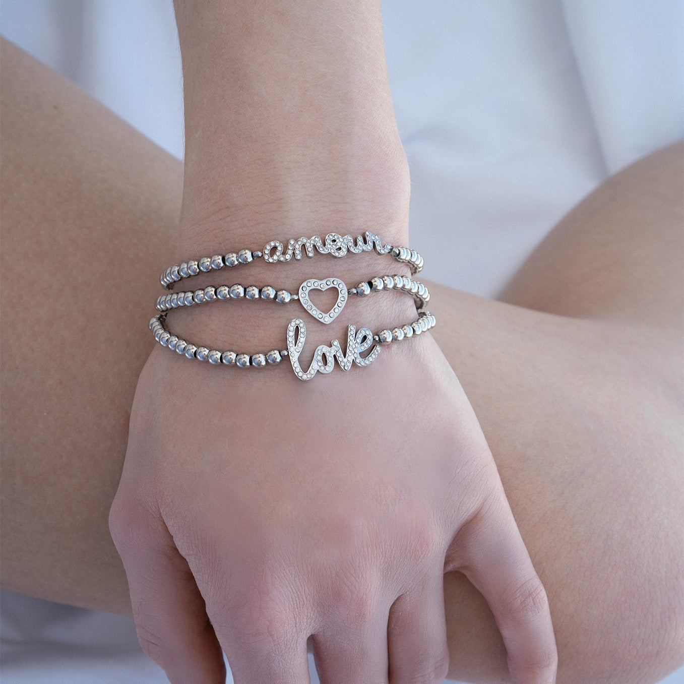 18K Gold PVD Stainless Steel Stone Love Metal Beaded Stretch Bracelet / BRJ1014