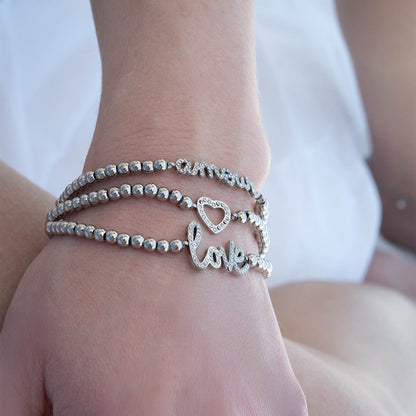 18K Gold PVD Stainless Steel Stone Heart Metal Beaded Stretch Bracelet / BRJ1016