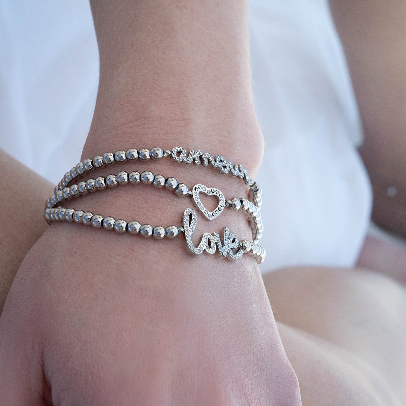 18K Gold PVD Stainless Steel Stone Love Metal Beaded Stretch Bracelet / BRJ1014