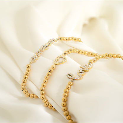 18K Gold PVD Stainless Steel Stone Heart Metal Beaded Stretch Bracelet / BRJ1016