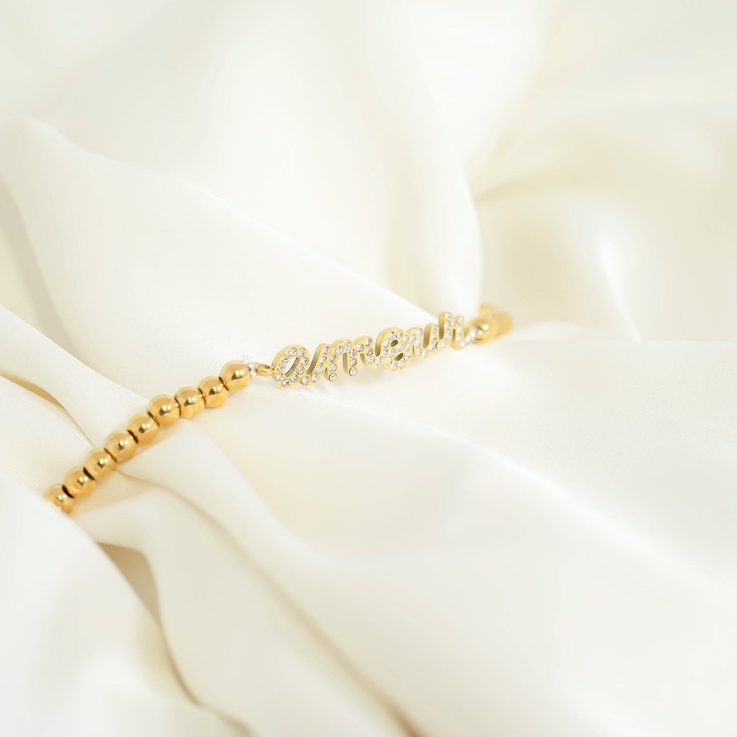 18K Gold PVD Stainless Steel Stone Amour Metal Beaded Stretch Bracelet / BRJ1015