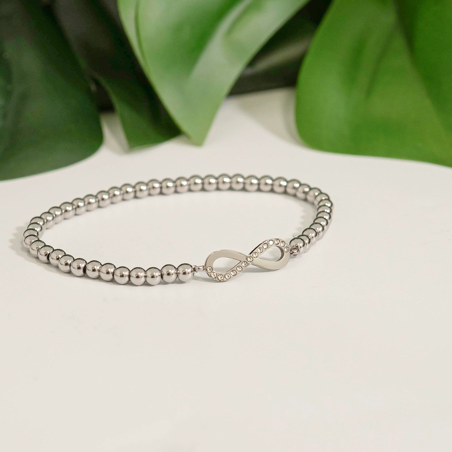 18K Gold PVD Stainless Steel Stone Infinity Sign Metal Beaded Stretch Bracelet / BRJ1017