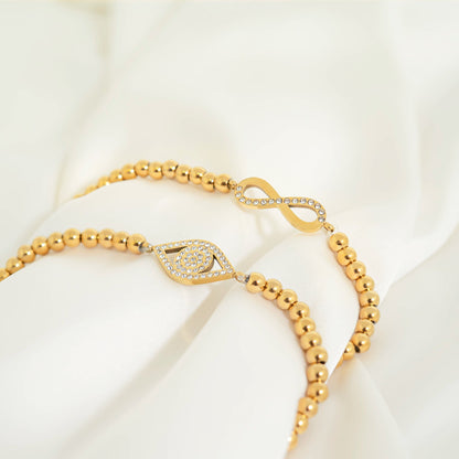 18K Gold PVD Stainless Steel Stone Evil Eye Metal Beaded Stretch Bracelet / BRJ1018