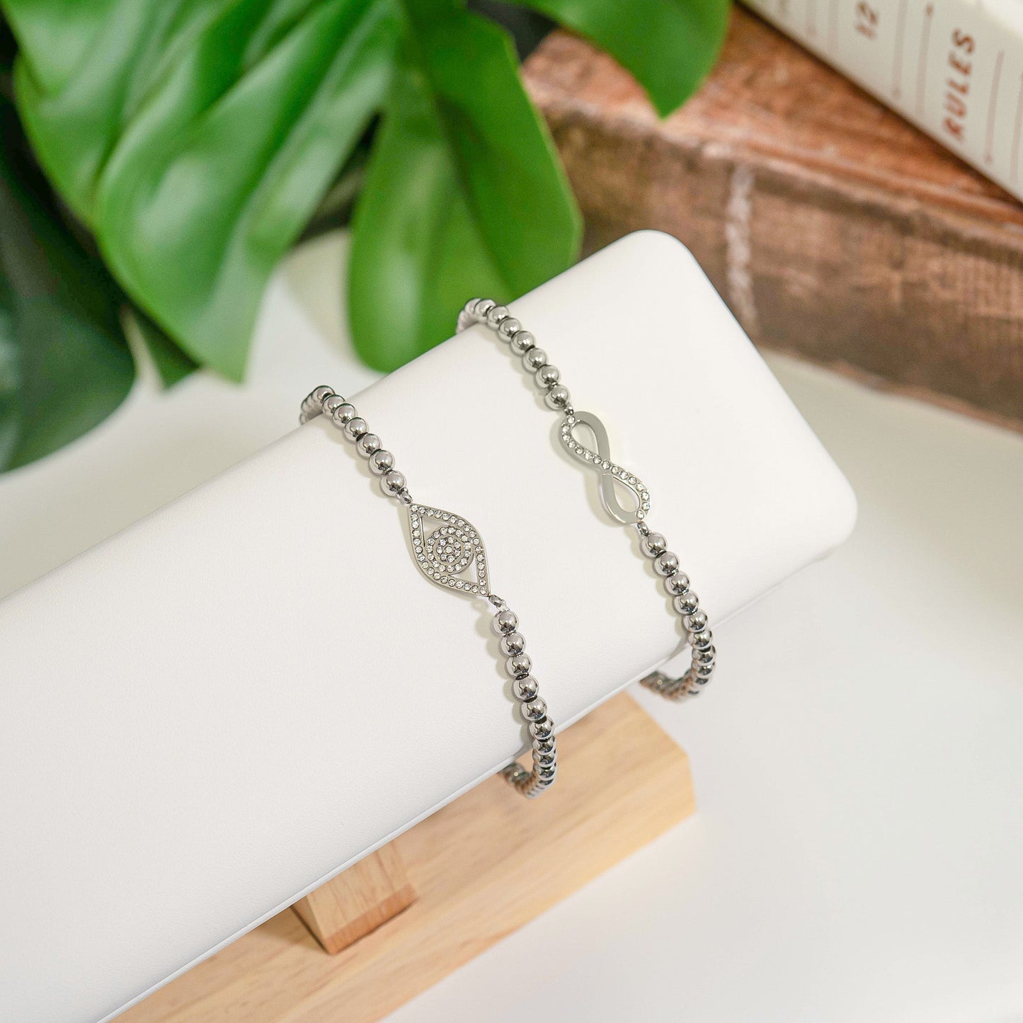 18K Gold PVD Stainless Steel Stone Infinity Sign Metal Beaded Stretch Bracelet / BRJ1017