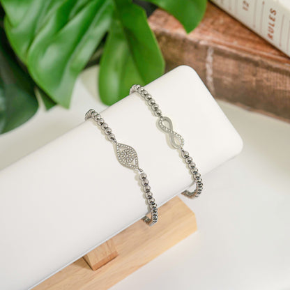 18K Gold PVD Stainless Steel Stone Evil Eye Metal Beaded Stretch Bracelet / BRJ1018