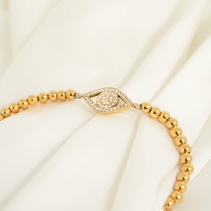 18K Gold PVD Stainless Steel Stone Evil Eye Metal Beaded Stretch Bracelet / BRJ1018