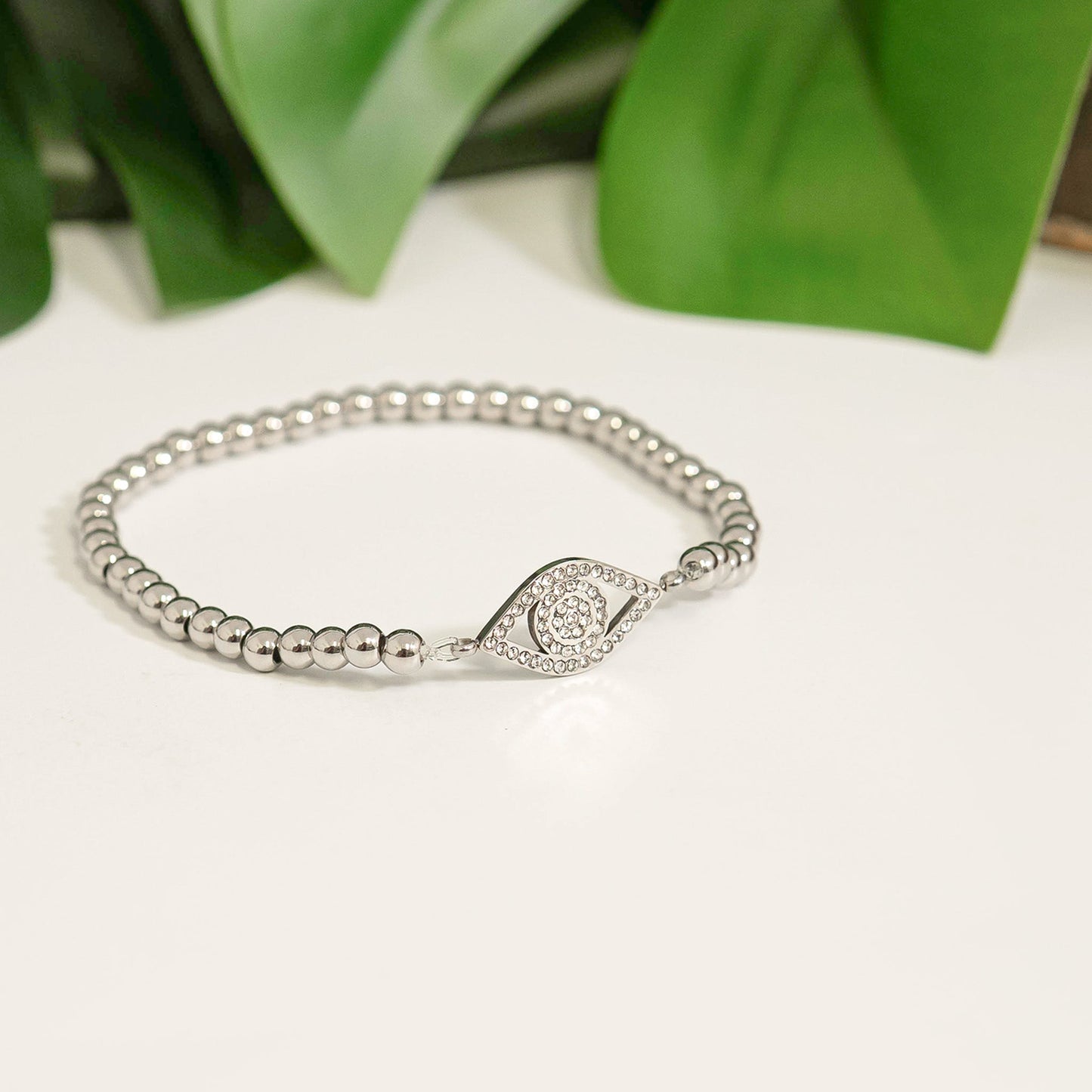 18K Gold PVD Stainless Steel Stone Evil Eye Metal Beaded Stretch Bracelet / BRJ1018