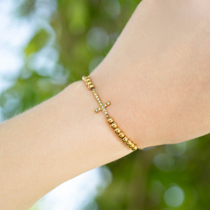 18K Gold PVD Stainless Steel Stone Cross Metal Beaded Stretch Bracelet / BRJ1019