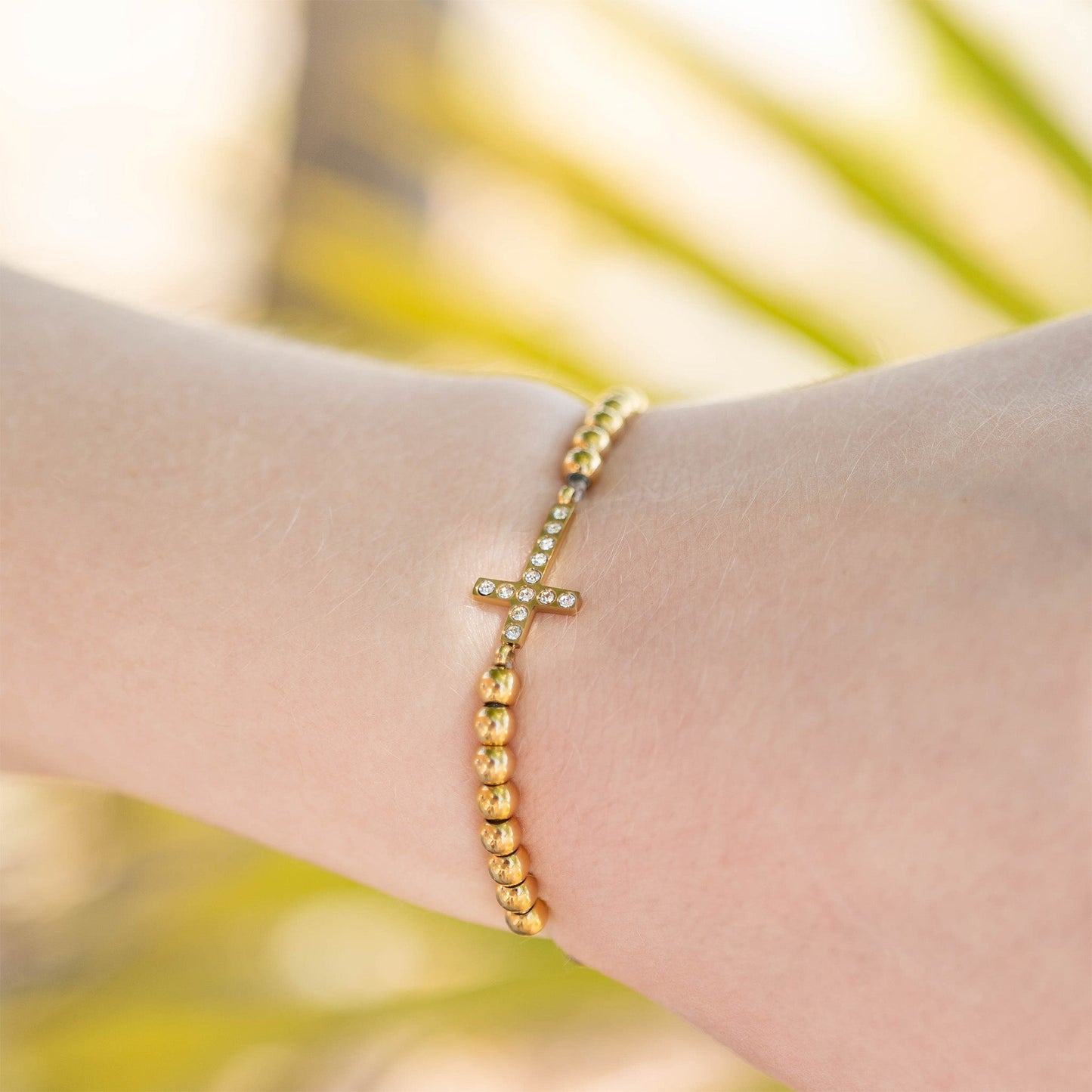 18K Gold PVD Stainless Steel Stone Cross Metal Beaded Stretch Bracelet / BRJ1019