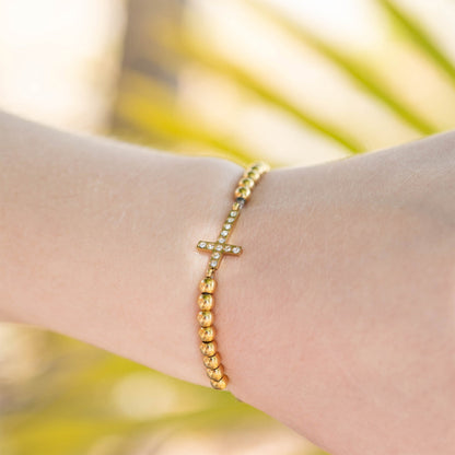 18K Gold PVD Stainless Steel Stone Cross Metal Beaded Stretch Bracelet / BRJ1019