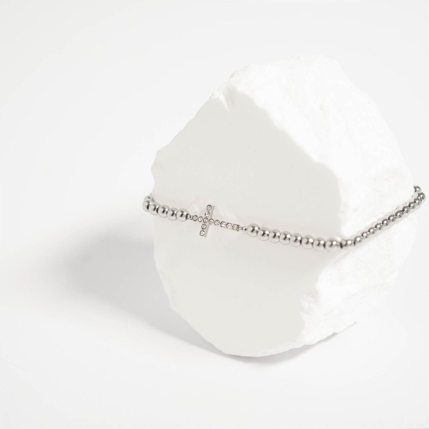 18K Gold PVD Stainless Steel Stone Cross Metal Beaded Stretch Bracelet / BRJ1019