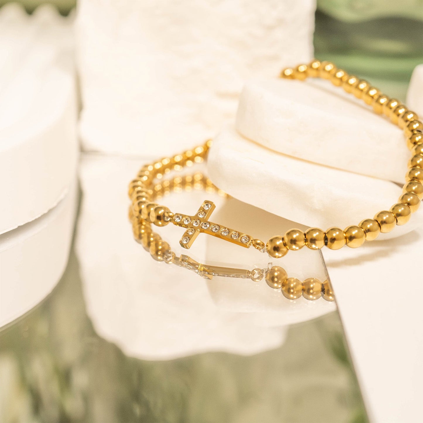 18K Gold PVD Stainless Steel Stone Cross Metal Beaded Stretch Bracelet / BRJ1019