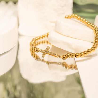 18K Gold PVD Stainless Steel Stone Cross Metal Beaded Stretch Bracelet / BRJ1019