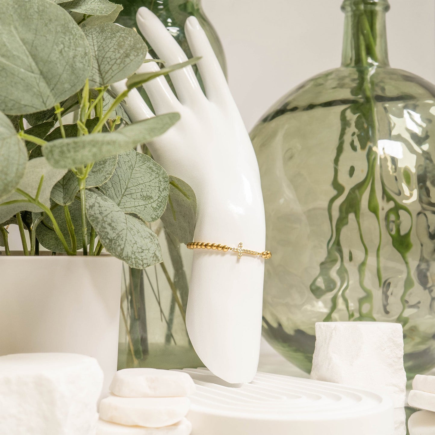 18K Gold PVD Stainless Steel Stone Cross Metal Beaded Stretch Bracelet / BRJ1019