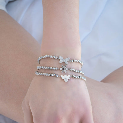 18K Gold PVD Stainless Steel Stone Flower Metal Beaded Stretch Bracelet / BRJ1020