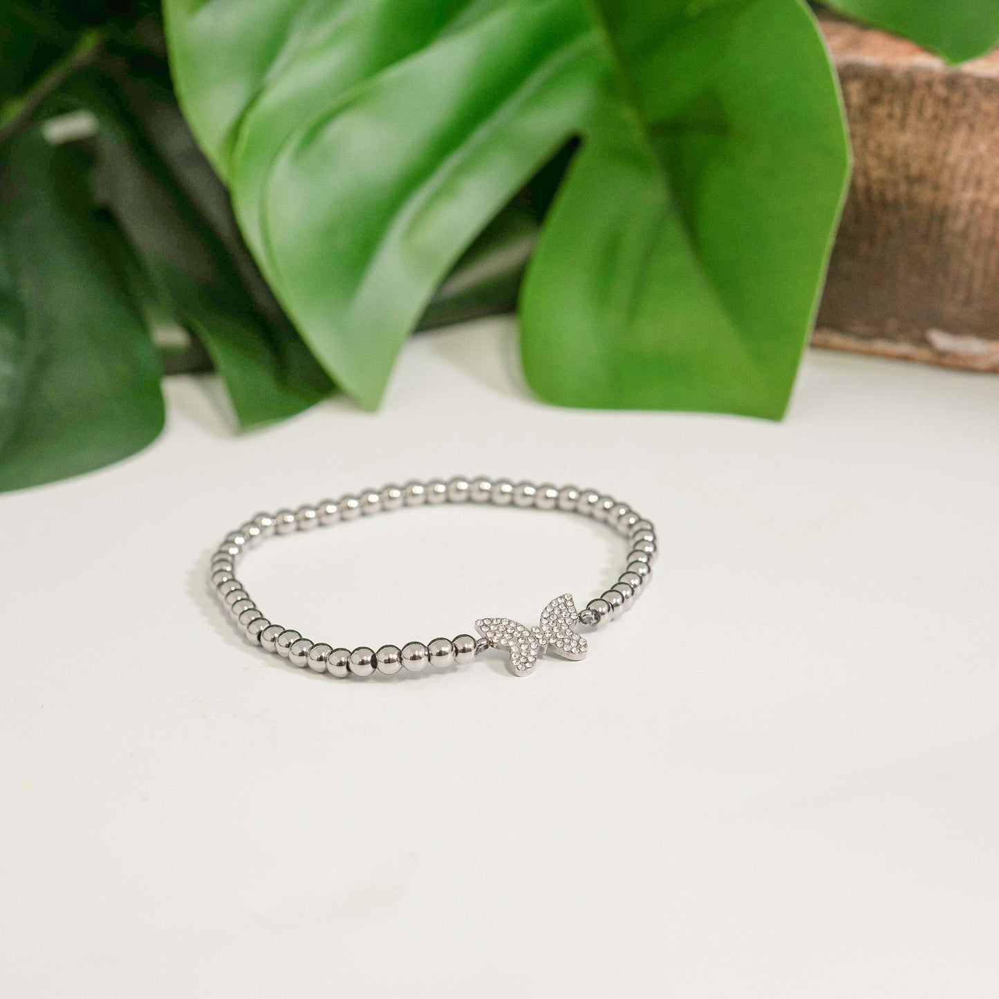 18K Gold PVD Stainless Steel Stone Butterfly Metal Beaded Stretch Bracelet / BRJ1021