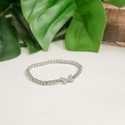 18K Gold PVD Stainless Steel Stone Butterfly Metal Beaded Stretch Bracelet / BRJ1021