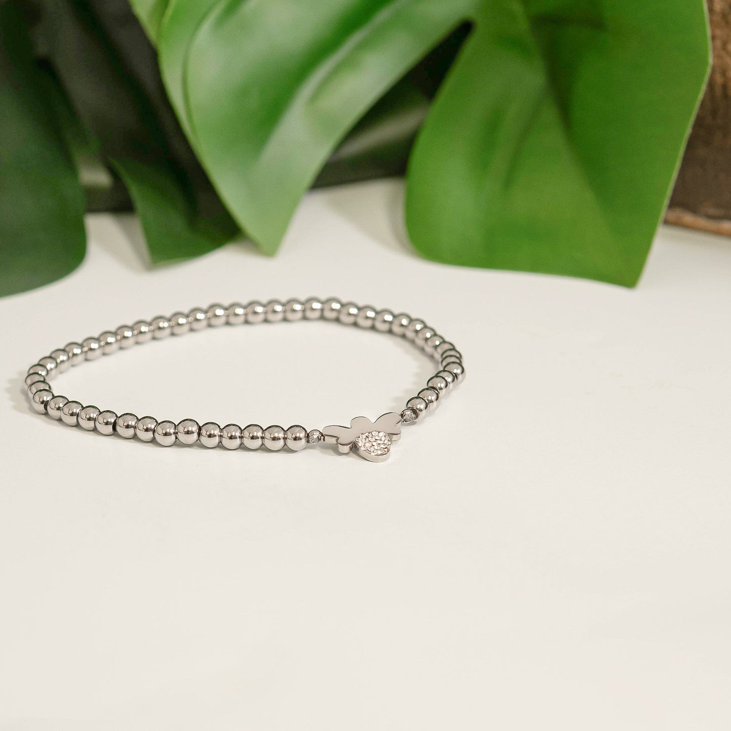 18K Gold PVD Stainless Steel Stone Bee Metal Beaded Stretch Bracelet / BRJ1022