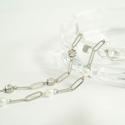 18K Gold PVD Stainless Steel Pearl Station Paperclip Chain Necklace / CHN0082