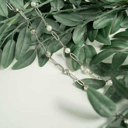 18K Gold PVD Stainless Steel Pearl Station Paperclip Chain Necklace / CHN0082