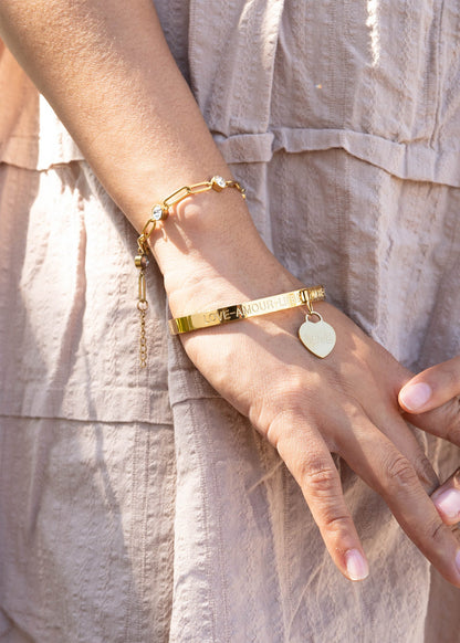 18K Gold PVD Stainless Steel Love Languages Heart Charm Bangle / BRJ1013