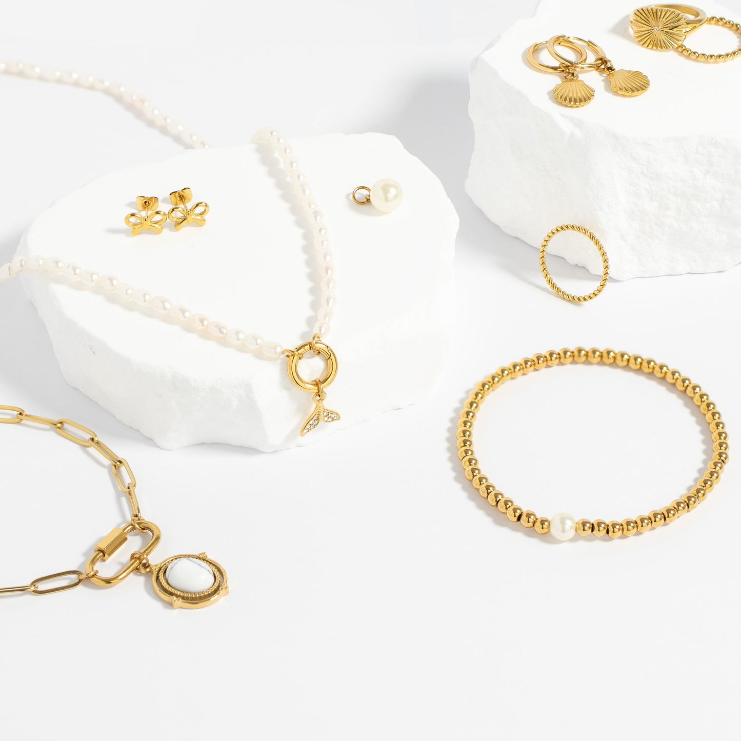 18K Gold PVD Stainless Steel Freshwater Pearl Charm Holder Necklace / CHN0100