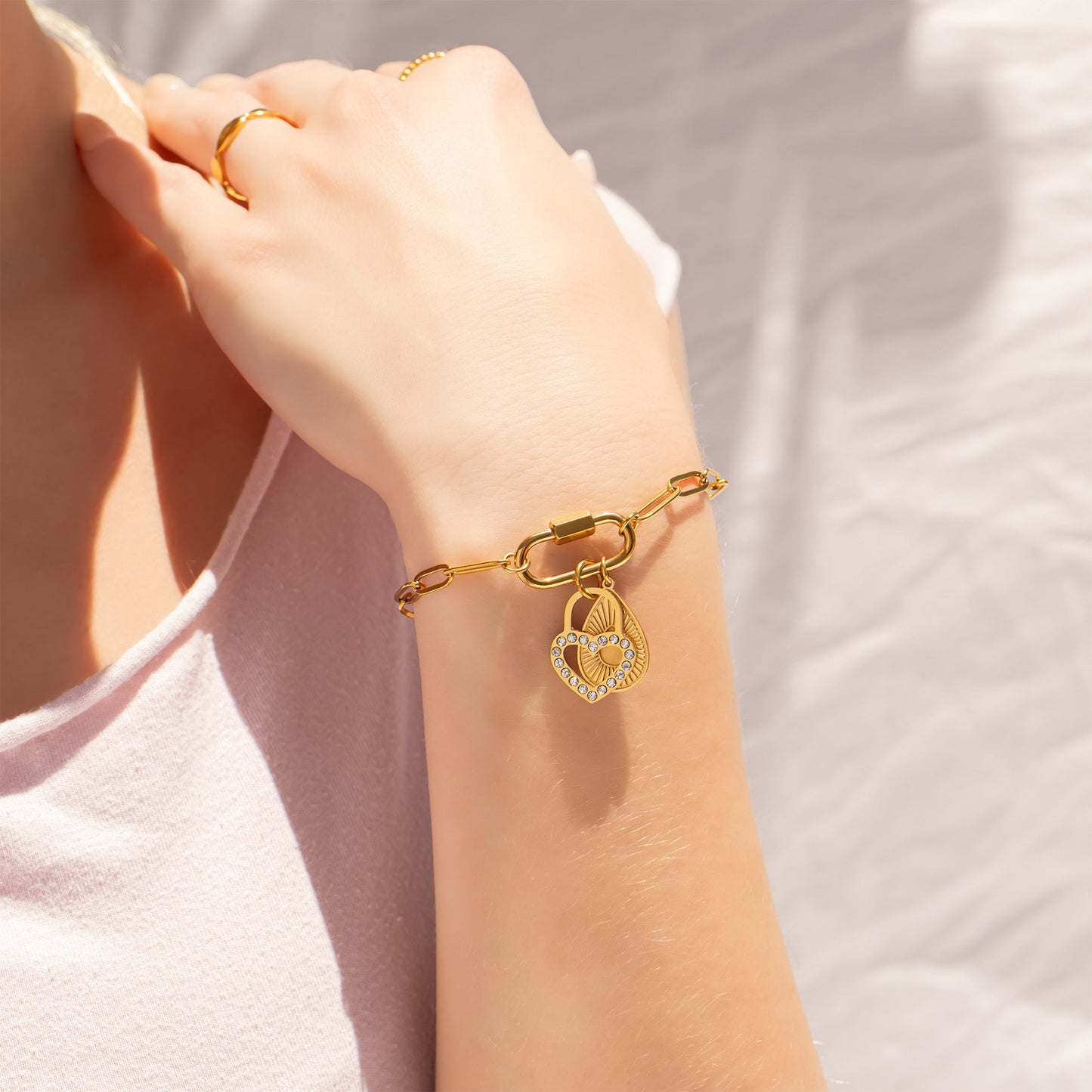 18K Gold PVD Stainless Steel Stone Heart Padlock / PDL0285